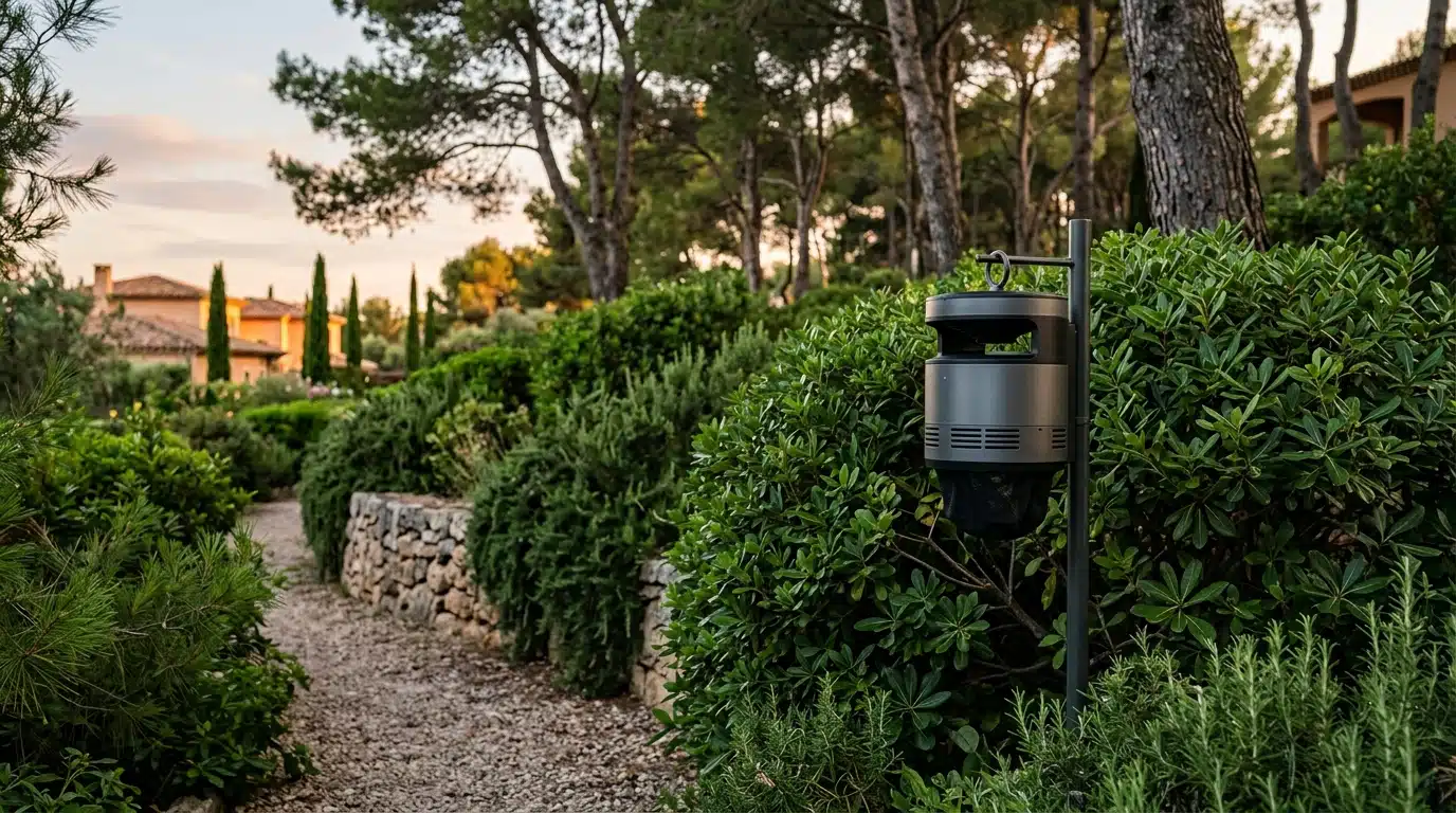 Piège à moustiques installé près d'un jardin méditerranéen