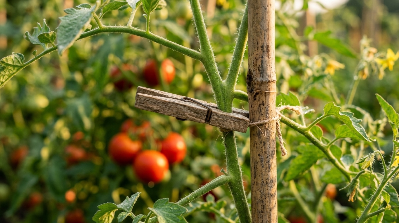 Pince à linge en bois fixée sur tige de tomate