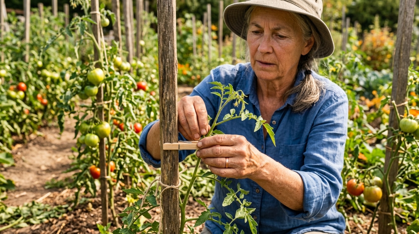 Mains attachant une pince à linge sur tuteur potager