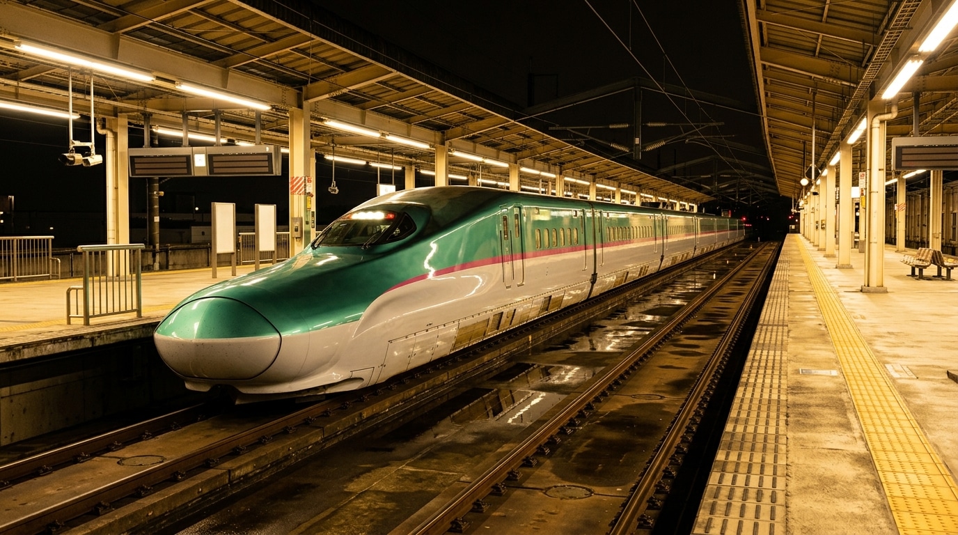 Train Shinkansen japonais stationné à quai la nuit