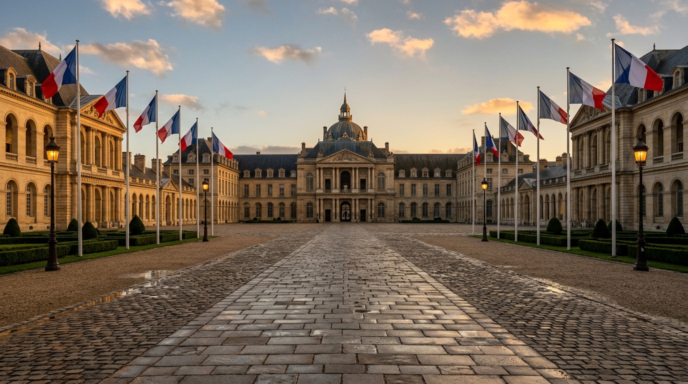 Esplanade militaire française au crépuscule avec drapeaux tricolores