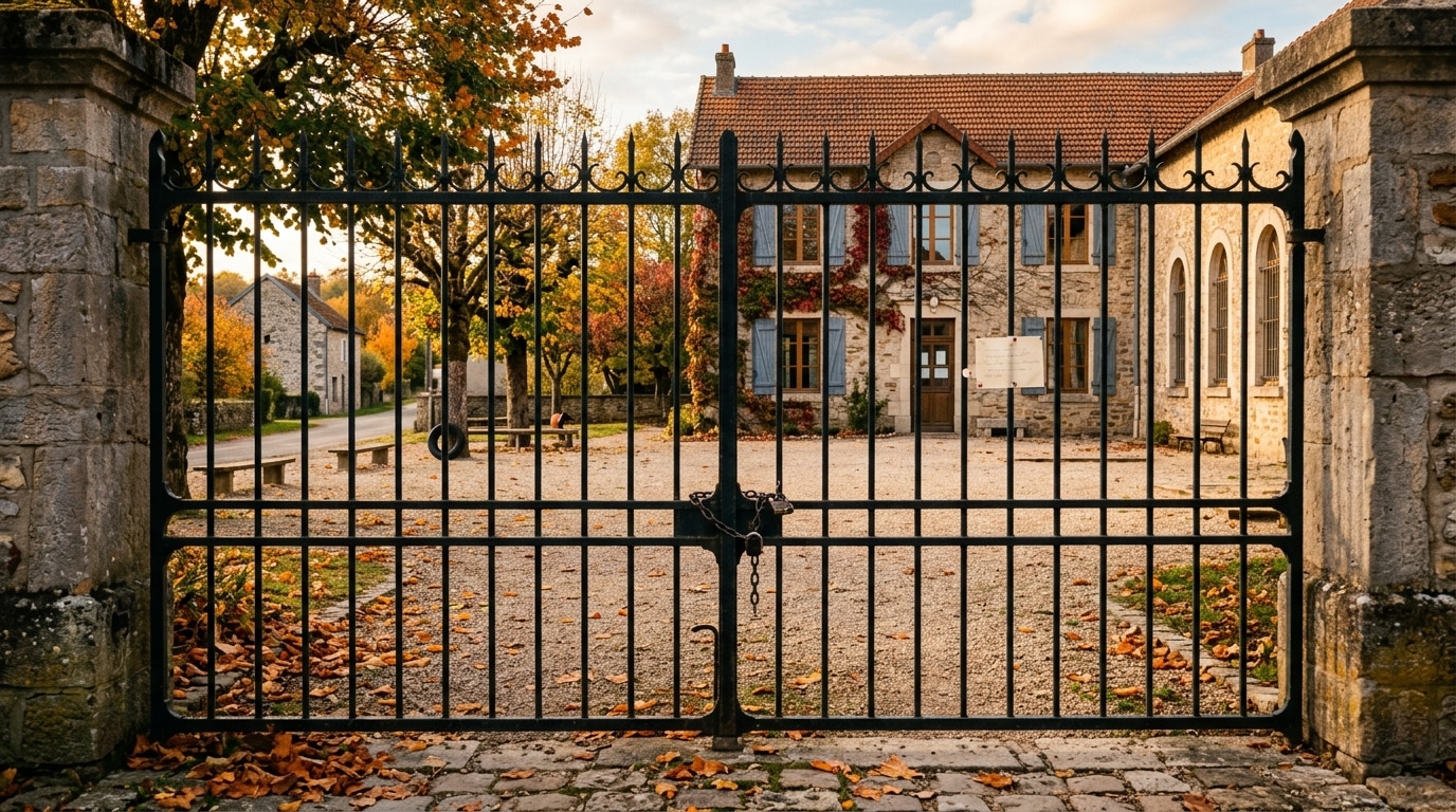École de village avec grille fermée en Seine-et-Marne