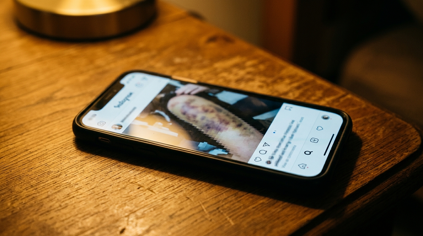 Smartphone affichant une publication sur les réseaux sociaux montrant des bleus sur un bras