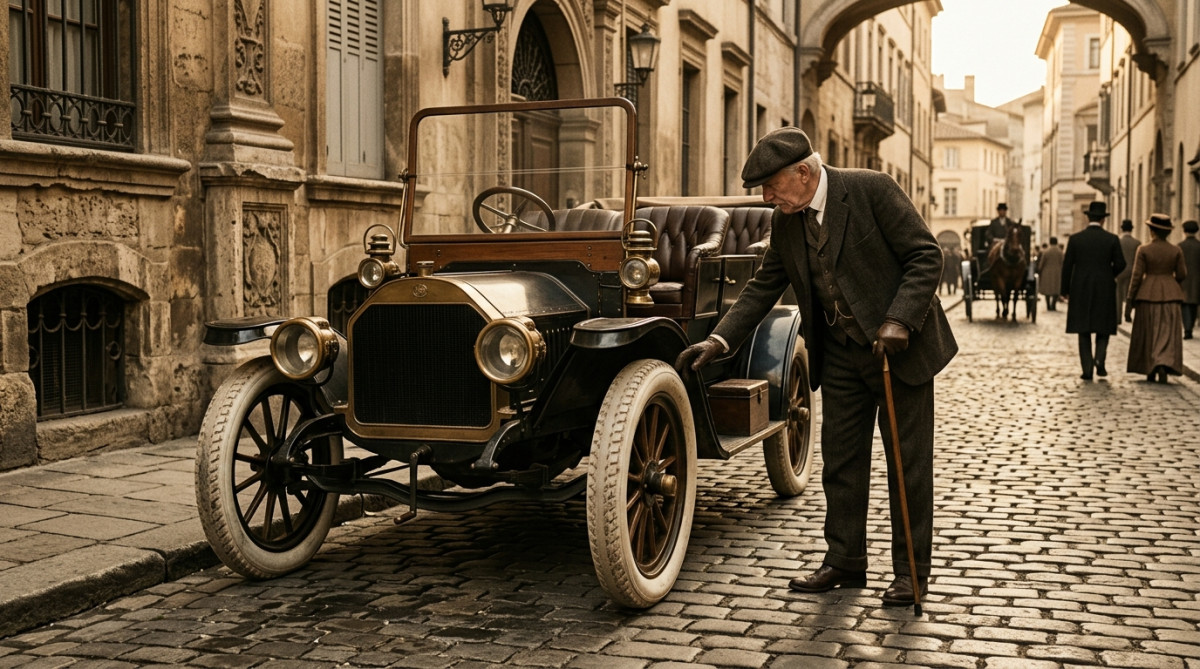 Automobile ancienne avec des pneus blancs en caoutchouc naturel