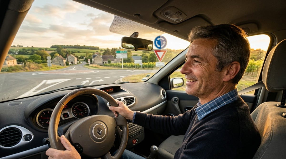 Automobiliste français abordant un rond-point au coucher du soleil