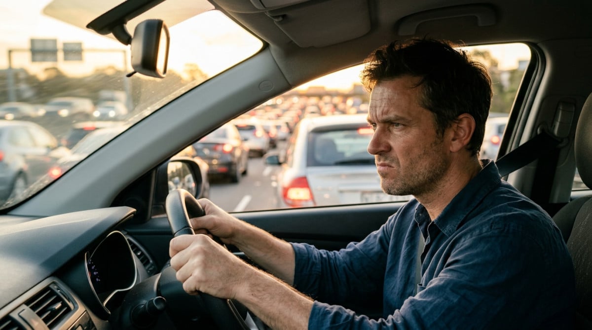 Automobiliste frustré coincé dans les embouteillages au volant