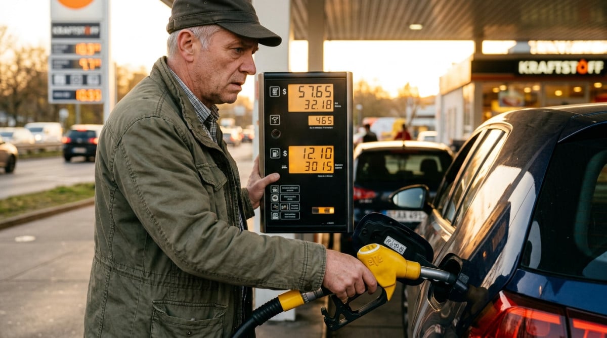Automobiliste inquiet devant le prix affiché à la pompe