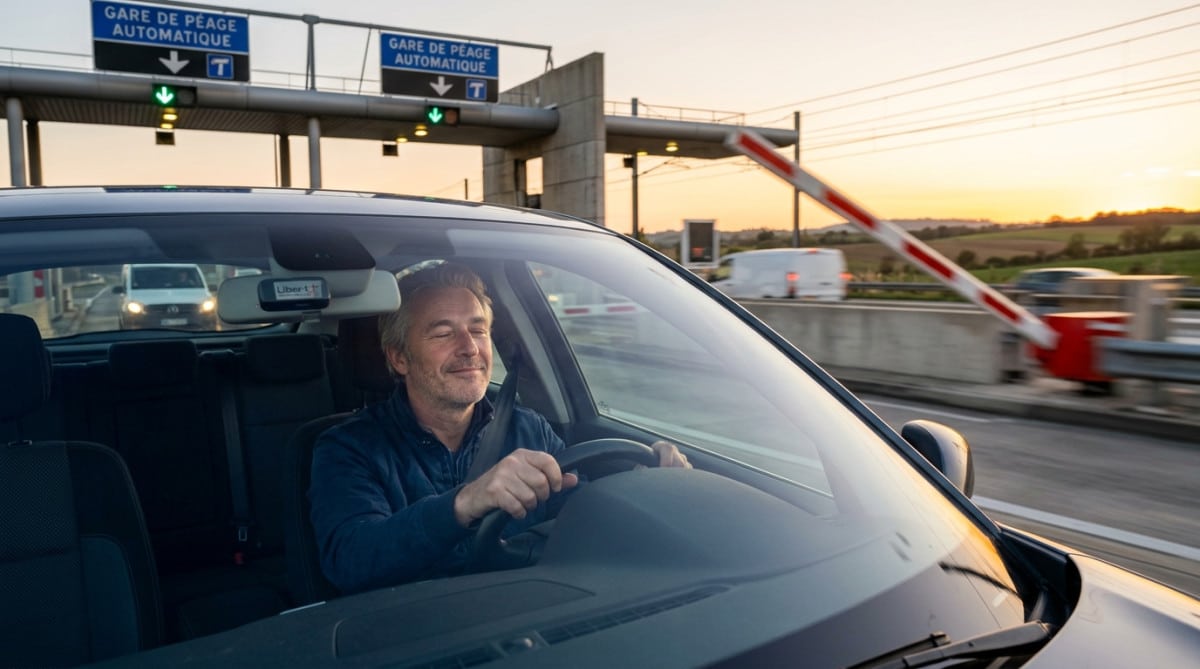 Automobiliste passant au télépéage moderne sans s'arrêter