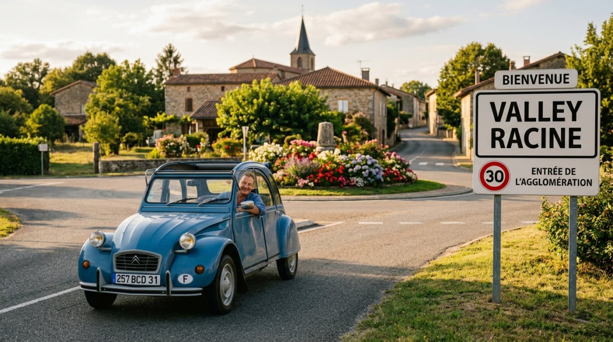 Automobiliste passant devant un panneau d'entrée de village français