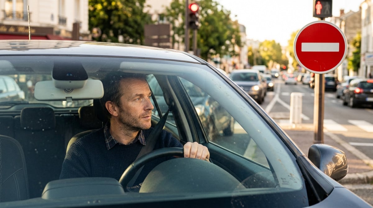 Automobiliste regardant un panneau sens interdit rouge