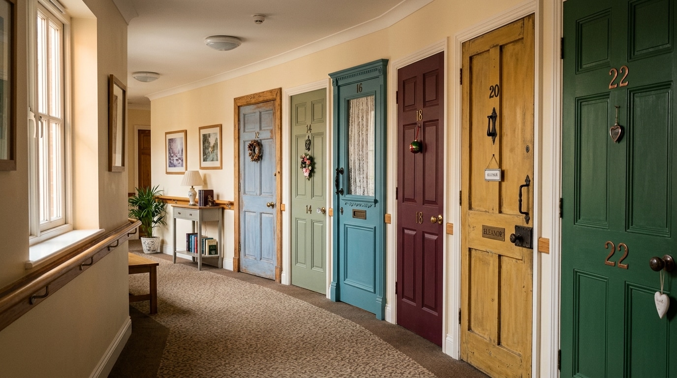Couloir de maison de retraite avec portes anciennes recréées