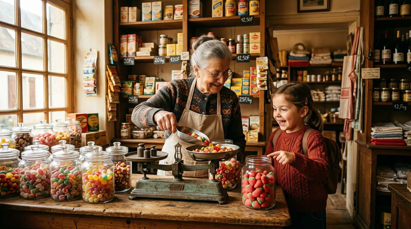 Commerçante pesant des bonbons en vrac dans une épicerie en 1985