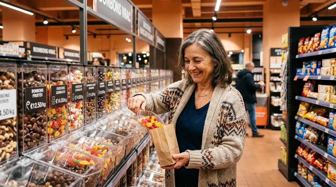 Rayon vrac moderne de bonbons dans un supermarché