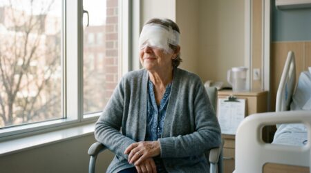 Femme âgée aux yeux bandés dans une chambre d'hôpital lumineuse