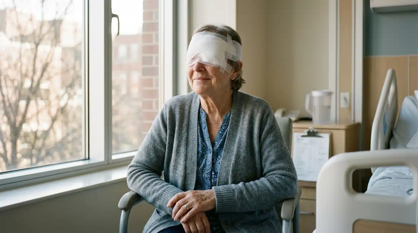 Femme âgée aux yeux bandés dans une chambre d'hôpital lumineuse