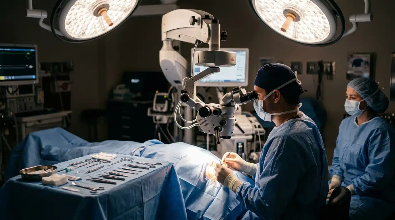 Microscope chirurgical au-dessus d'un champ opératoire stérile