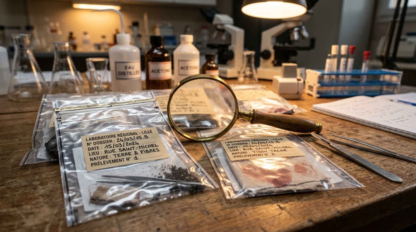 Table d'analyse forensique avec échantillons étiquetés en laboratoire