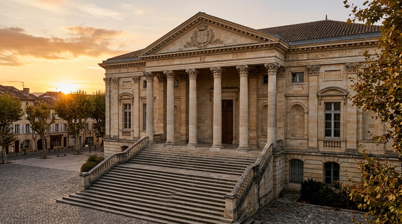 Façade d'un palais de justice français au coucher du soleil