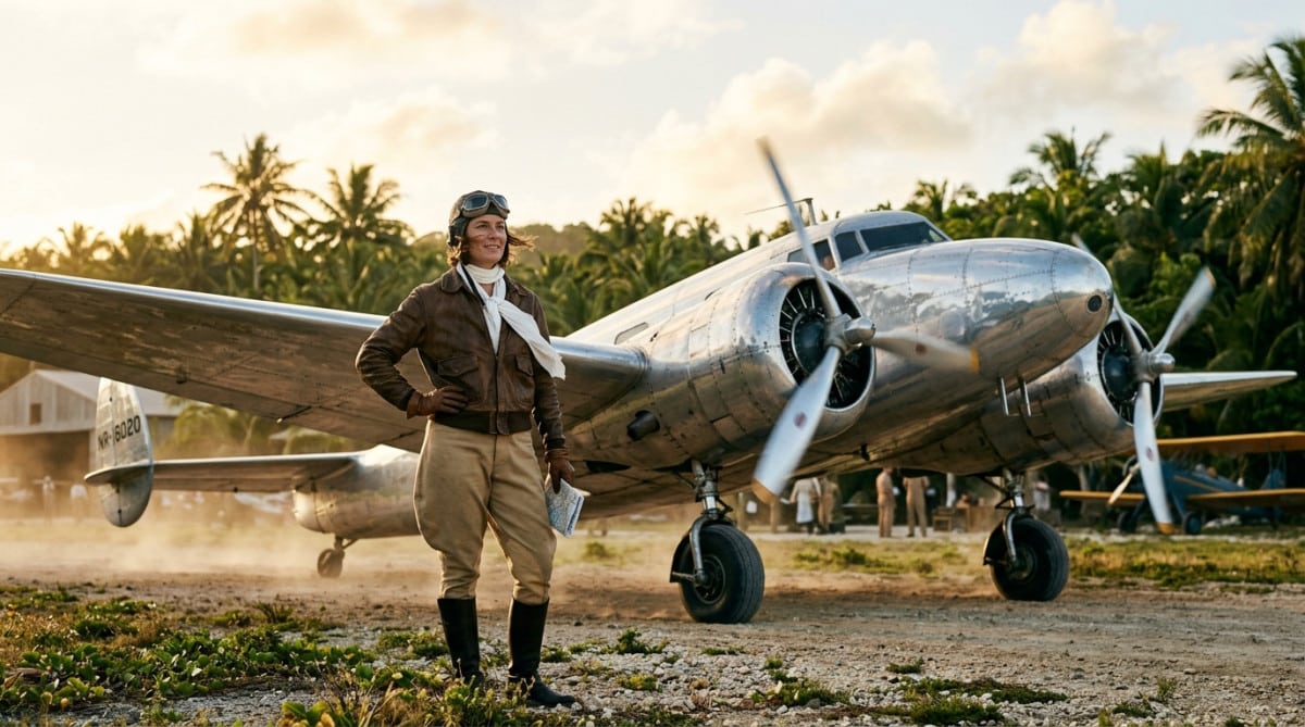 Aviatrice devant un avion Lockheed Electra des années 1930