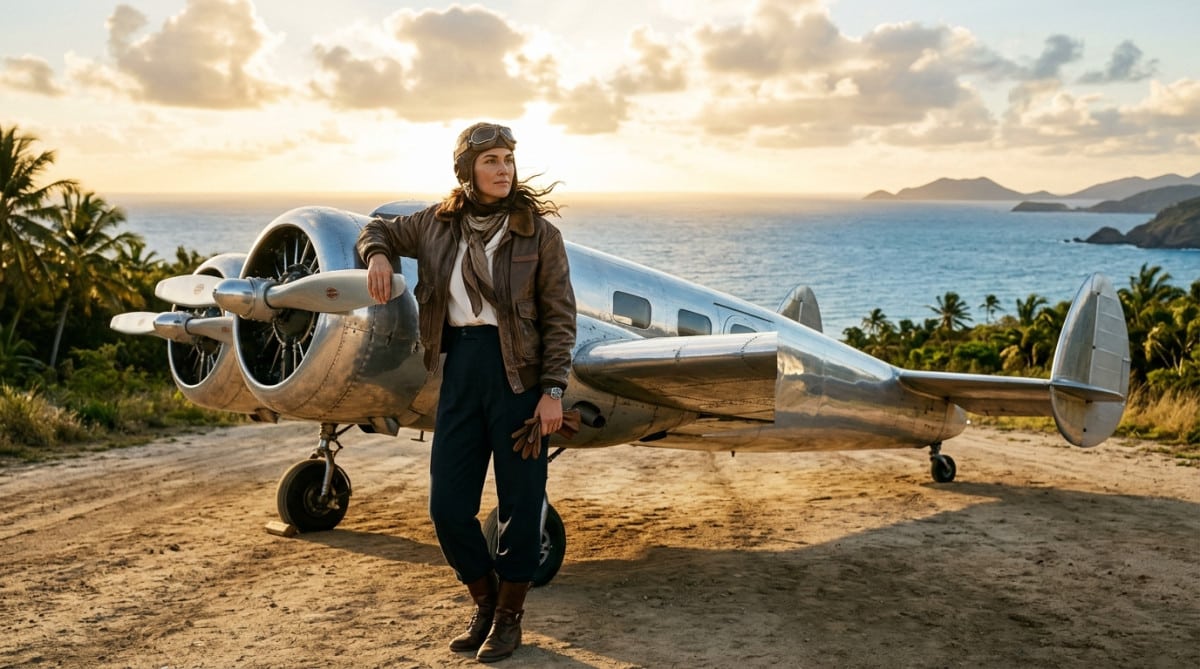 Aviatrice devant un avion sur une piste tropicale