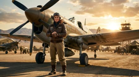 Aviatrice pionnière posant devant un avion militaire vintage