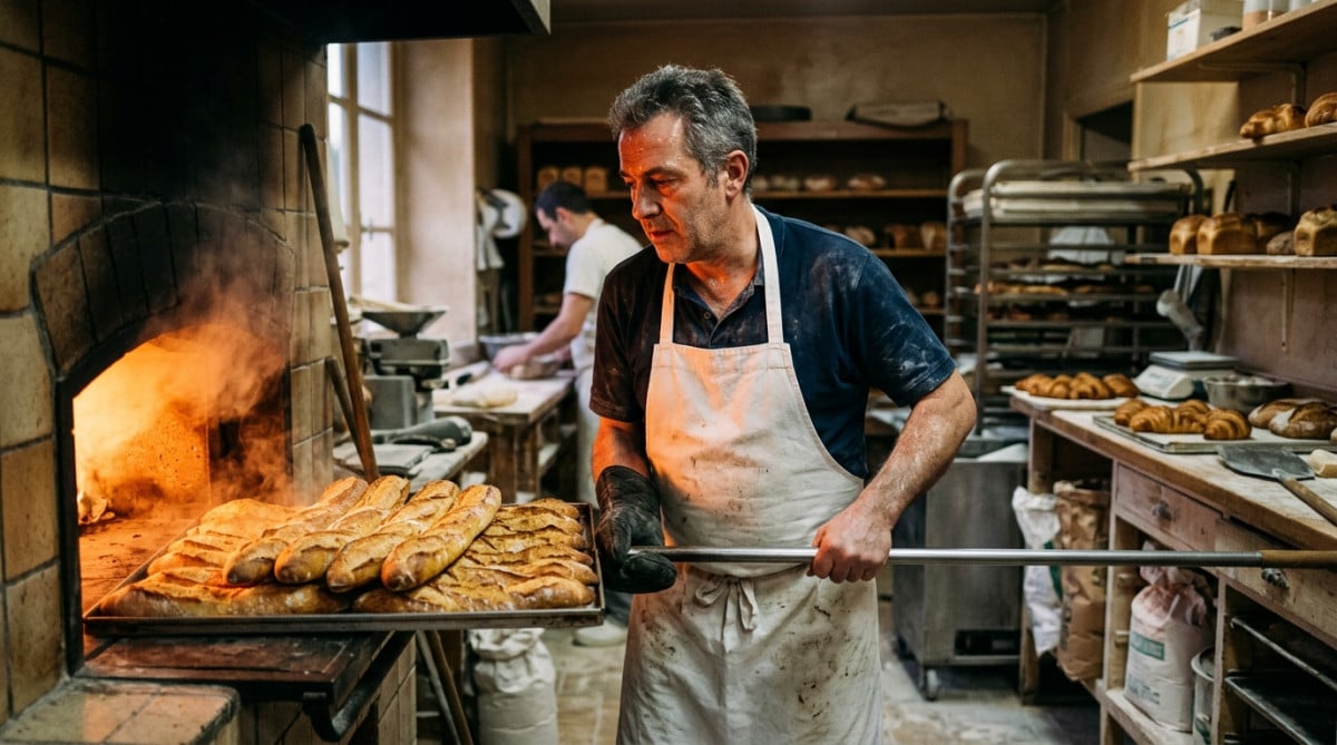 Baguettes tradition sortant du four à l'aube