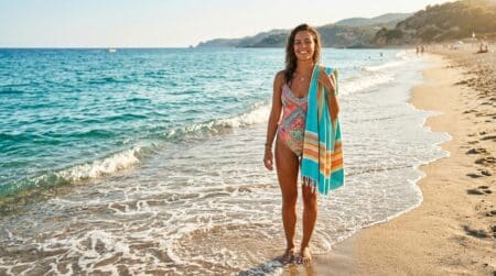 Femme souriante au bord de la mer en été