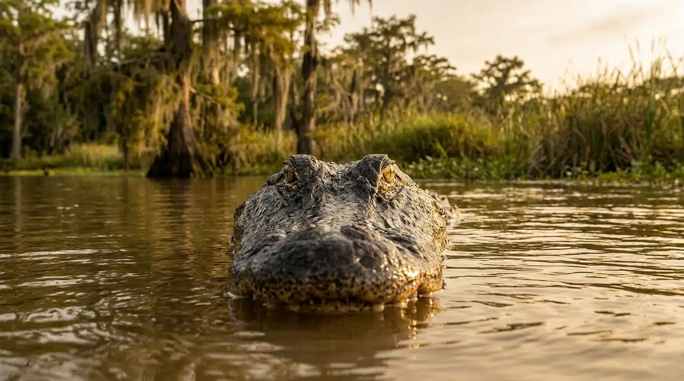 Alligator à moitié immergé dans une rivière trouble