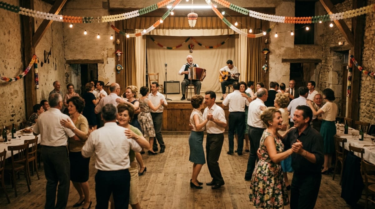 Bal populaire dans une salle des fêtes village années 1960