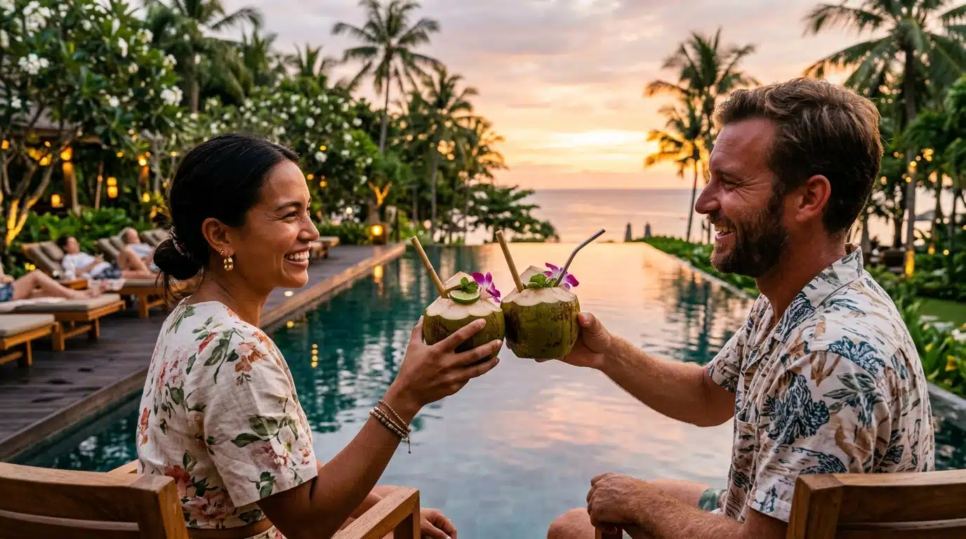 Couple profitant d'une piscine tropicale avec vue sur l'océan