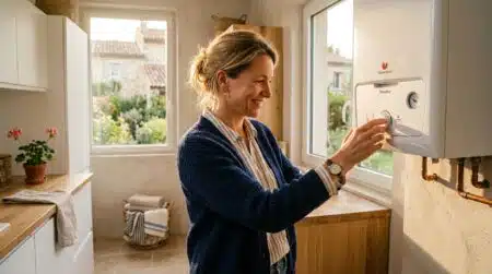 Femme réglant le thermostat de son chauffe-eau