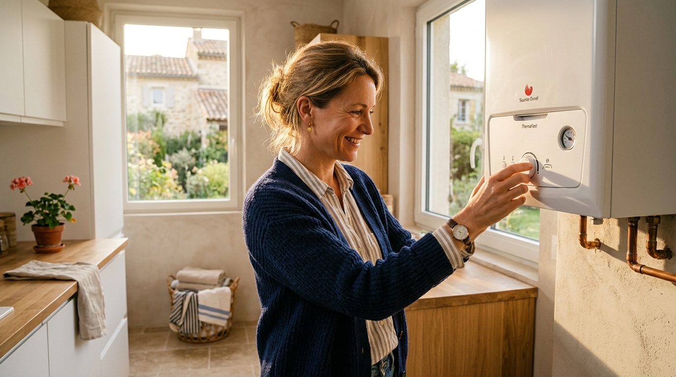 Femme réglant le thermostat de son chauffe-eau