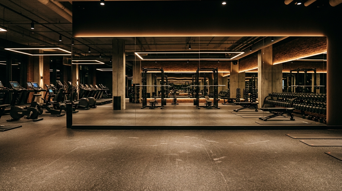 Miroir de salle de sport vide reflétant des équipements
