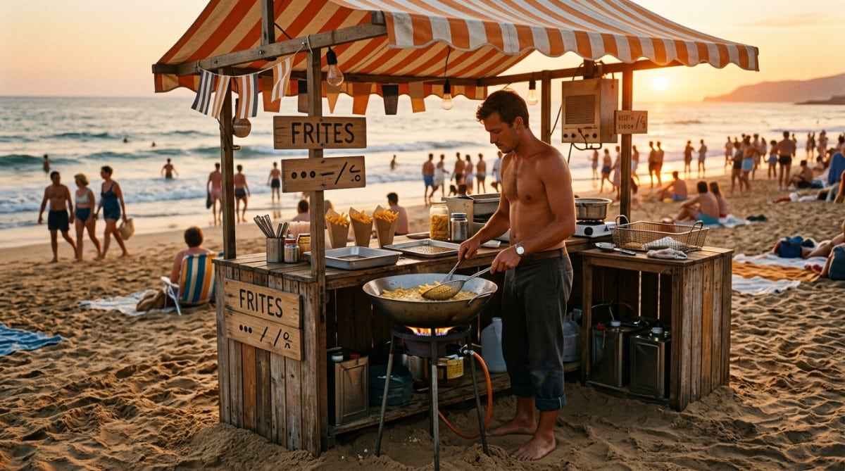 Baraque à frites en bois sur la plage dans les années 60