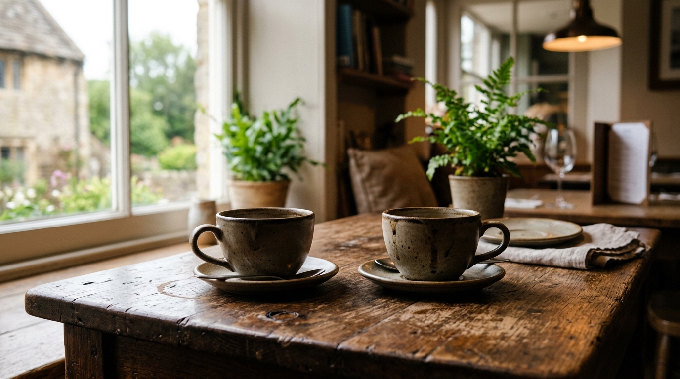 Deux tasses de café face à face sur une table en bois, ambiance intimiste d'une conversation