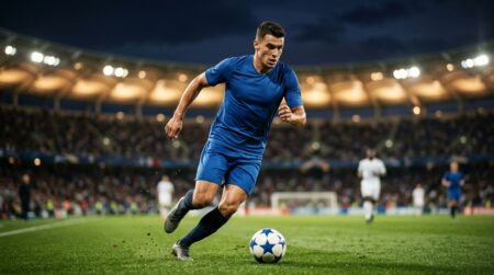 Footballeur français sprintant sous les projecteurs du stade