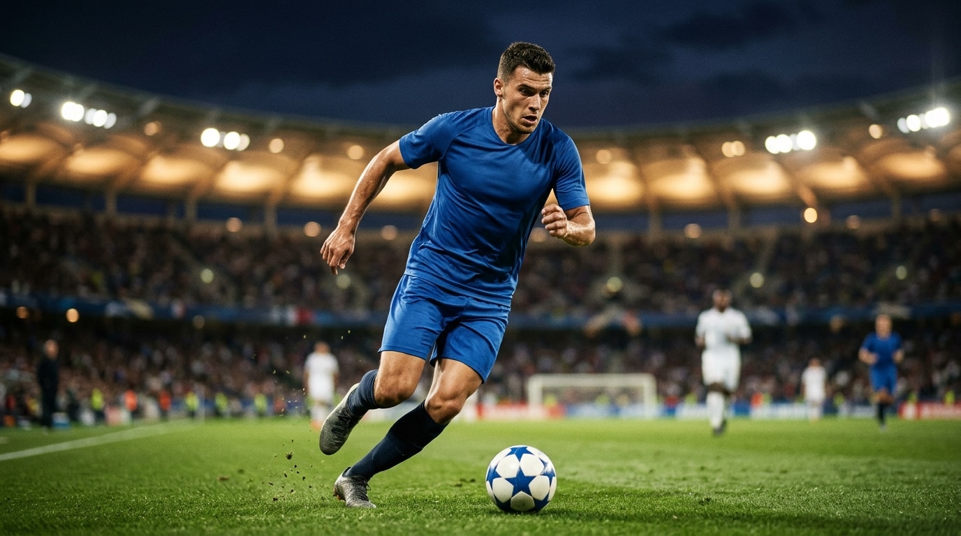 Footballeur français sprintant sous les projecteurs du stade