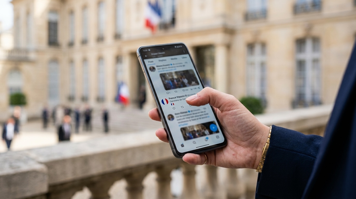 Smartphone affichant une interface de réseau social flouté avec une icône de drapeau français