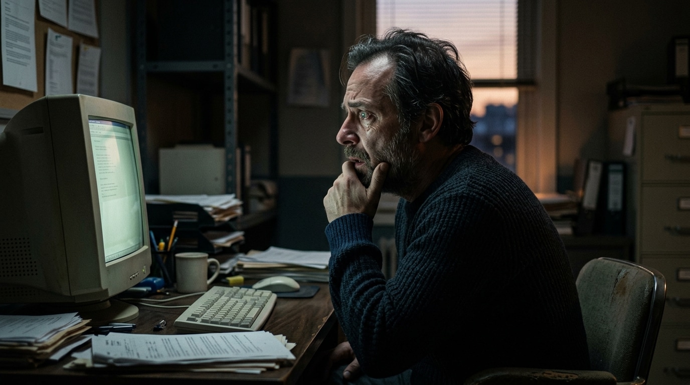 Homme dans l'ombre face à un écran d'ordinateur