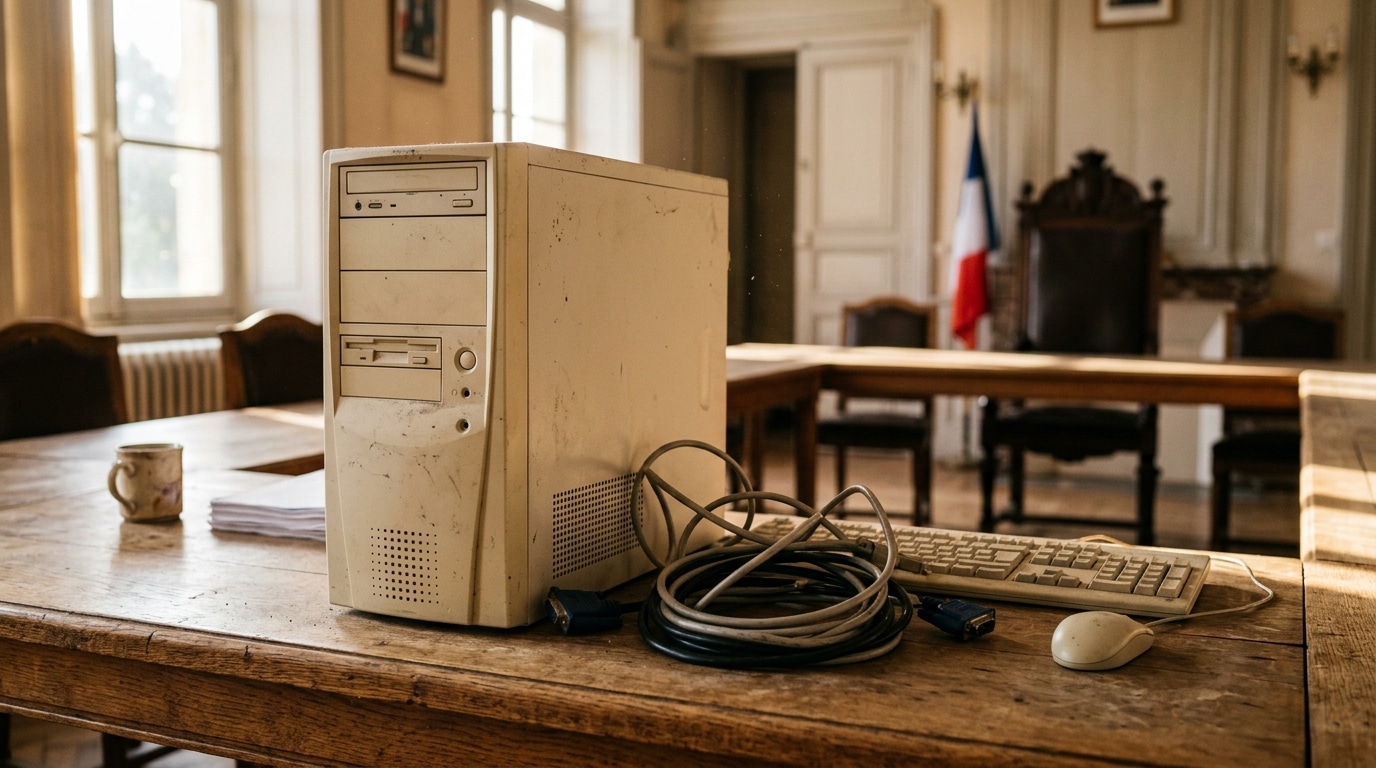 Ordinateur débranché sur un bureau de mairie vide