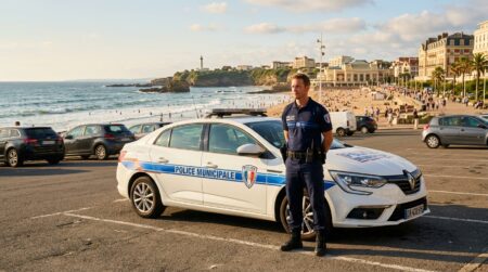 Policier près d'une voiture garée en plein soleil à Biarritz