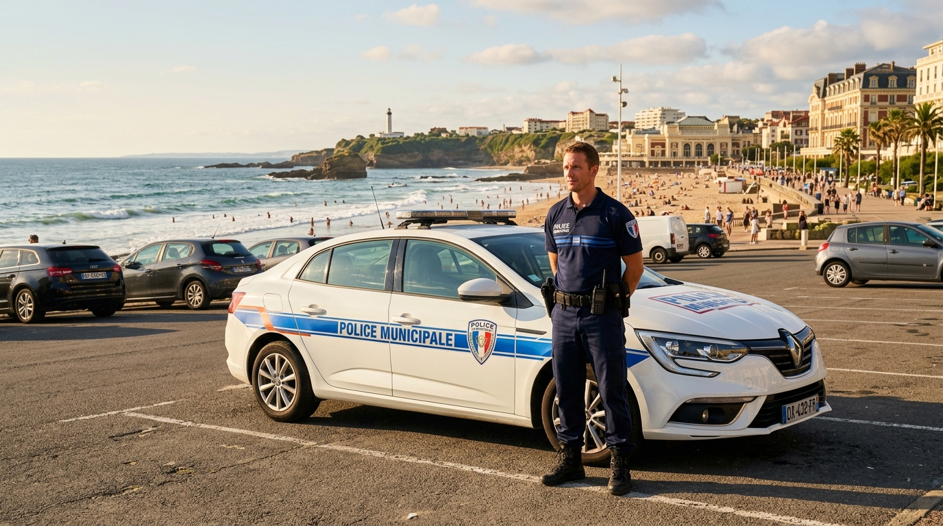 Policier près d'une voiture garée en plein soleil à Biarritz