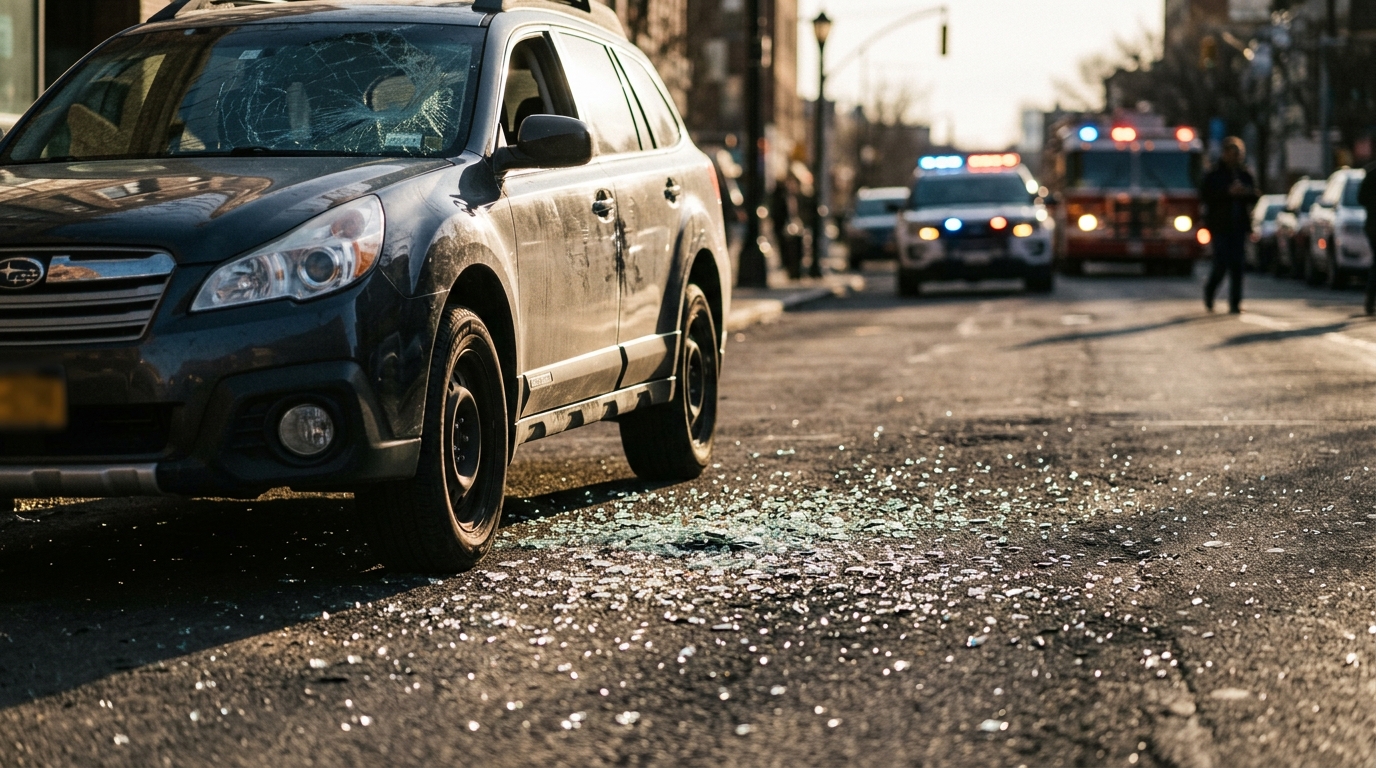 Vitre de voiture brisée sur le bitume en pleine canicule