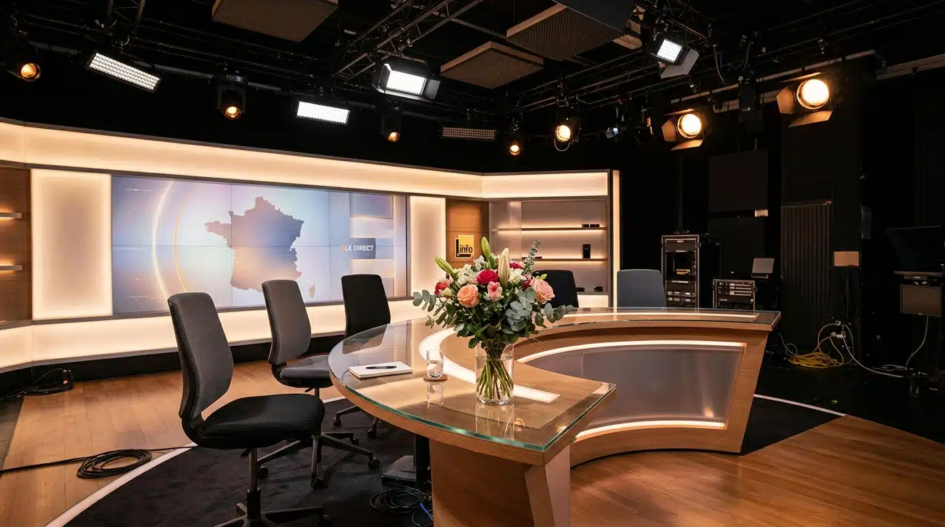 Plateau de télévision vide avec un bouquet de fleurs abandonné sur le bureau