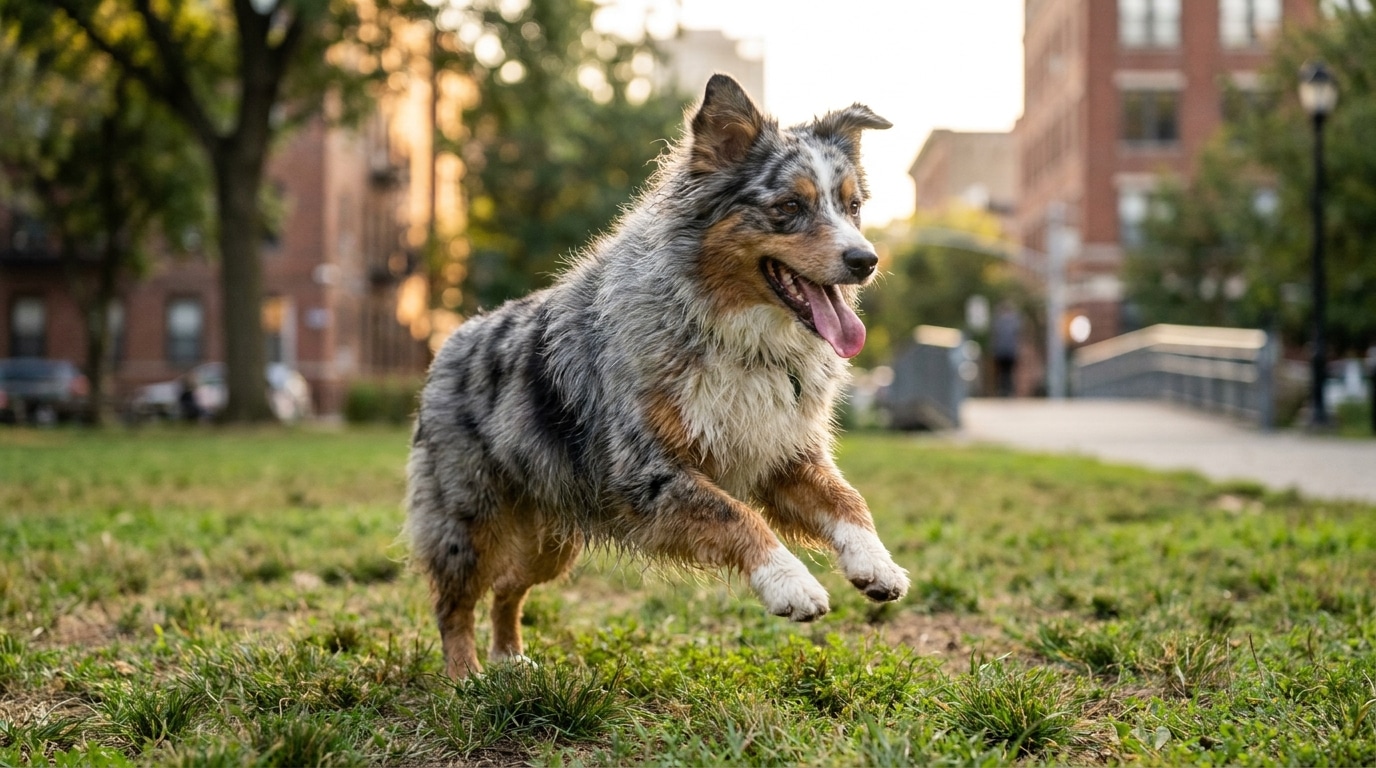 Chien berger compact en plein saut sur l'herbe