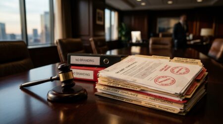 Dossiers financiers et marteau de justice sur bureau