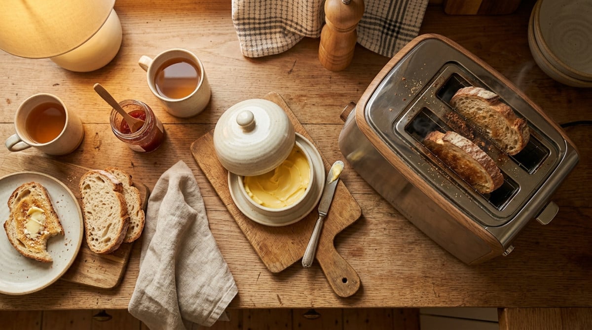 Beurrier posé juste à côté d'un grille-pain dans la cuisine