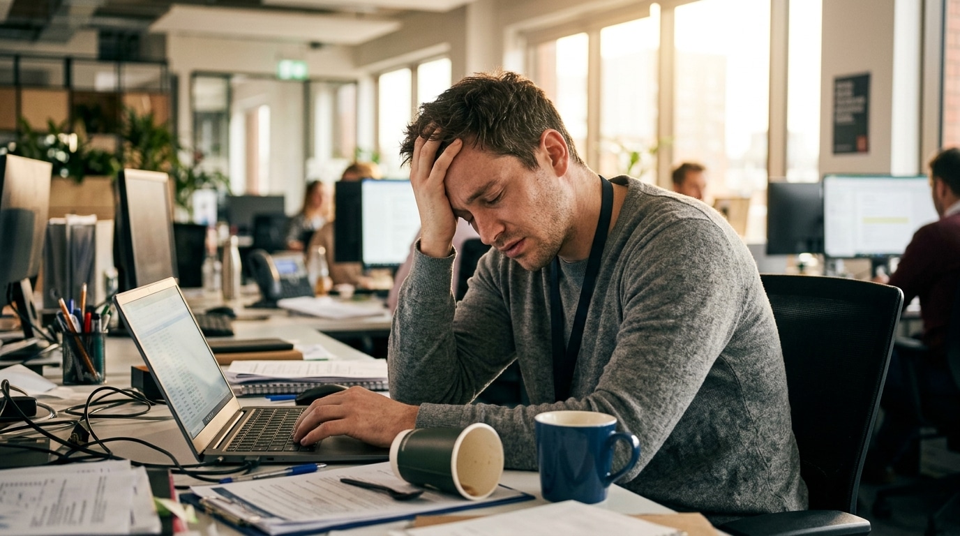 Homme épuisé au bureau après un mauvais sommeil