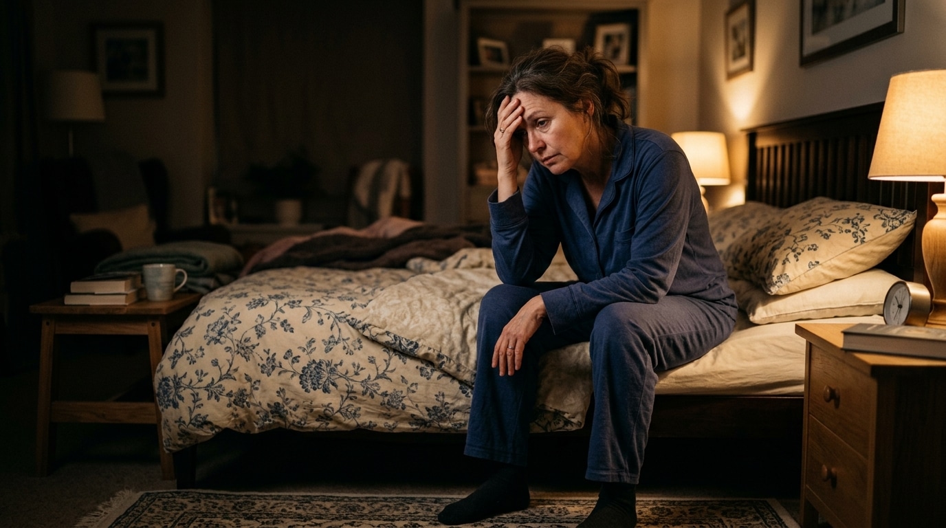 Femme pensive assise sur son lit le soir, fatigue chronique