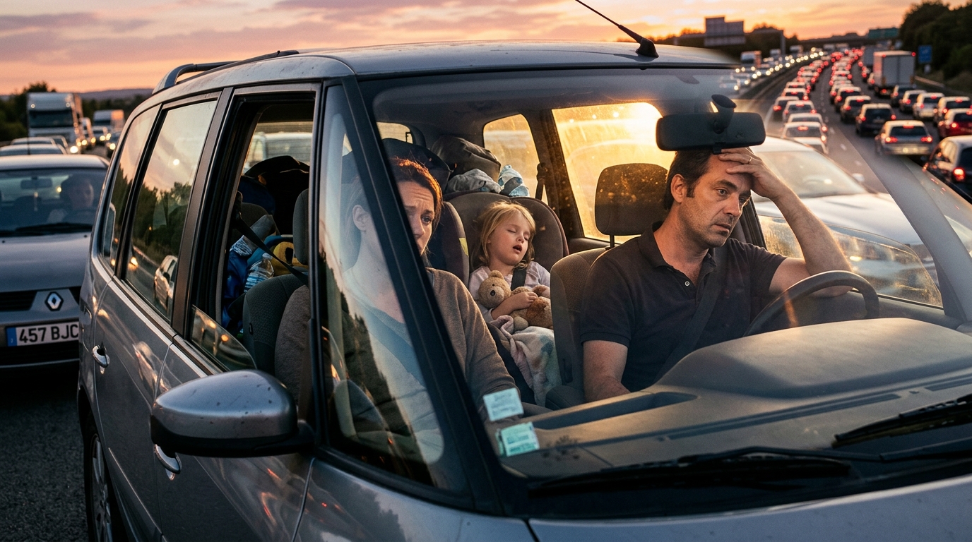 Famille fatiguée coincée dans les bouchons pendant les vacances